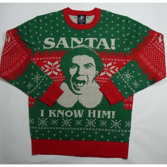 Bioworld ELF SANTA I KNOW HIM Ugly Christmas Sweater Knit Pullover, small - Picture 1 of 2